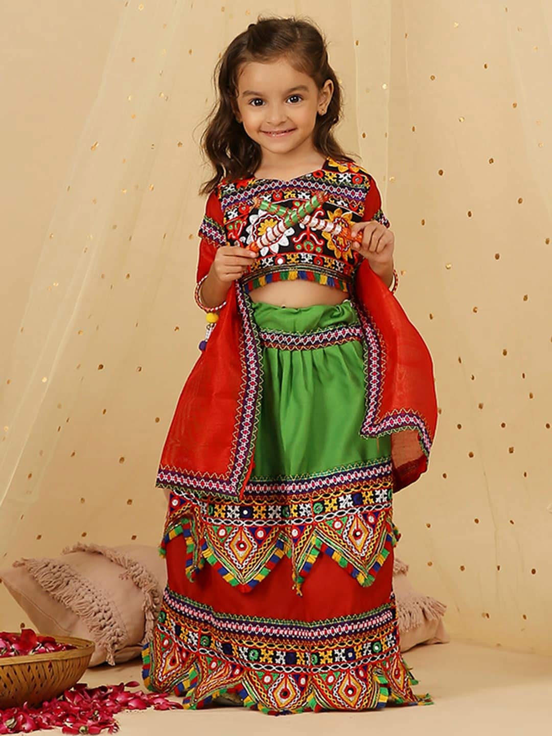 

KID1 Girls Embroidered Mirror Work Ready to Wear Lehenga & Blouse With Dupatta, Red