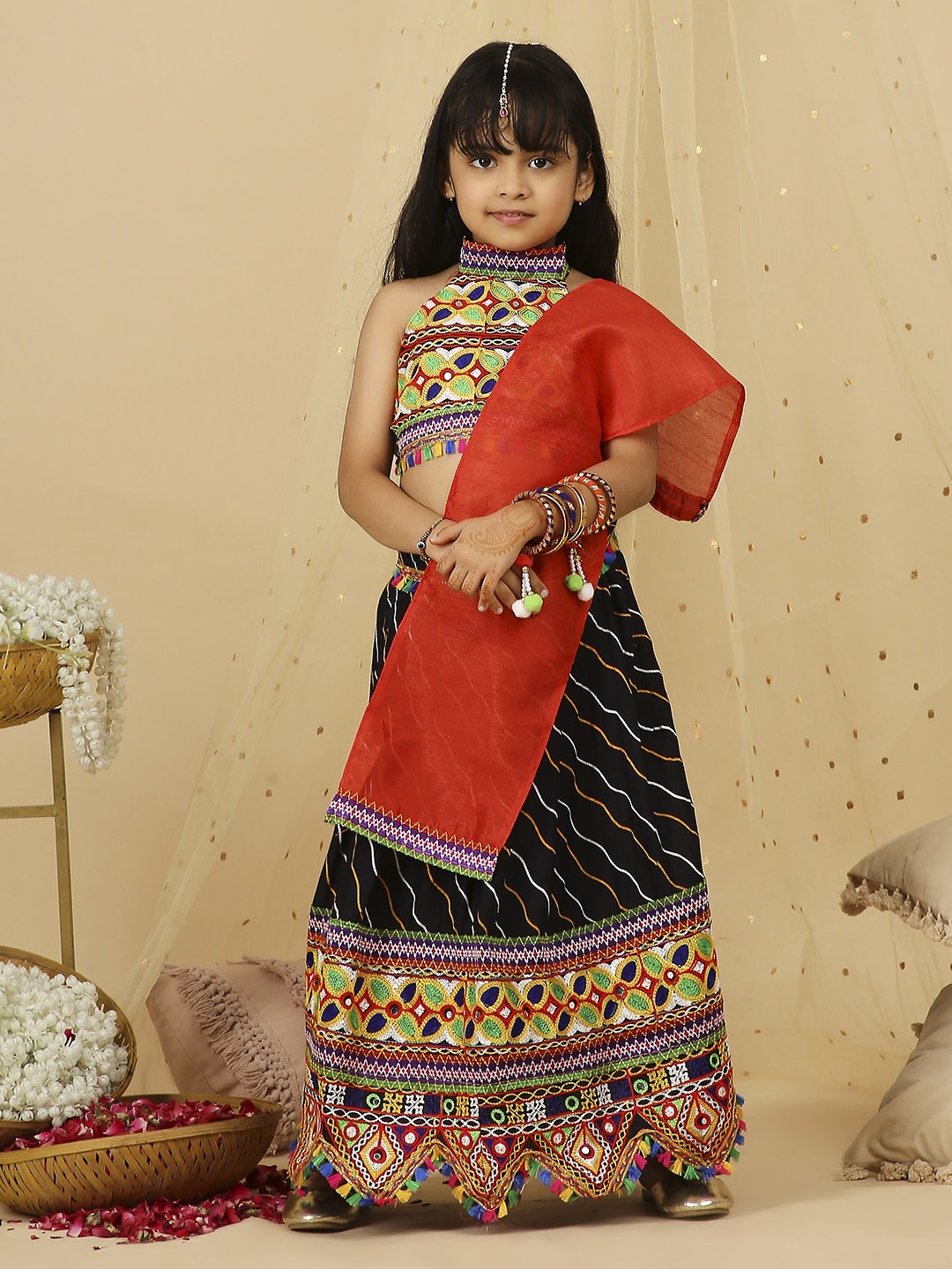

KID1 Girls Embroidered Thread Work Ready to Wear Lehenga & Blouse With Dupatta, Black