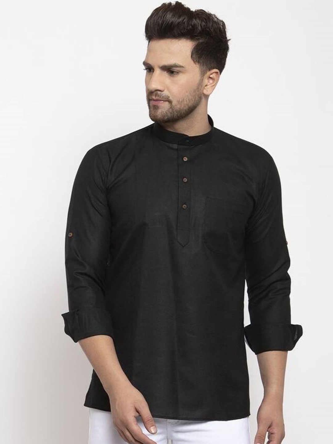 

KRAFT INDIA Mandarin Collar Short Kurta, Black
