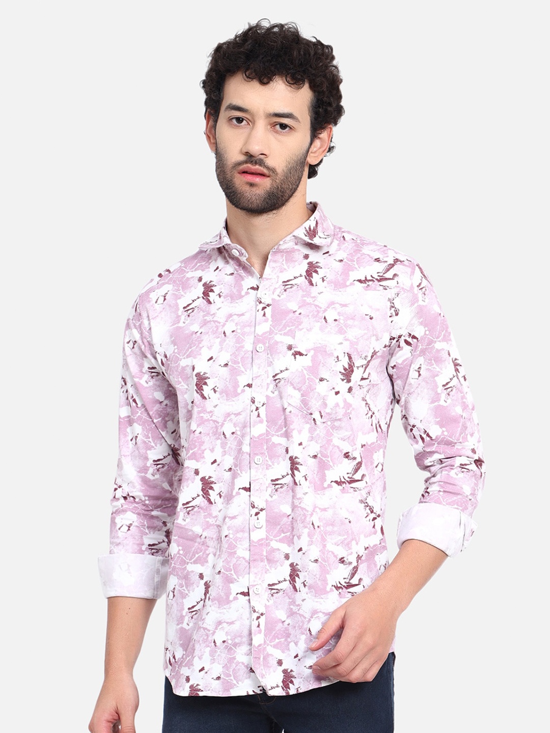 

DEZANO Modern Regular Fit Abstract Printed Cotton Casual Shirt, Pink