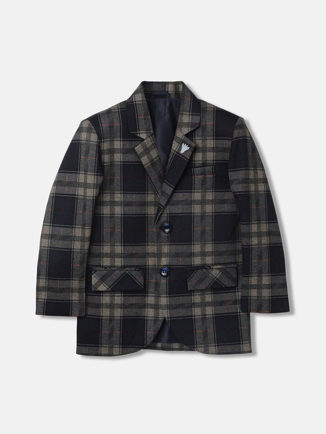 

Blue Giraffe Boys Checked Notched Lapel Collar Single-Breasted Blazer, Navy blue