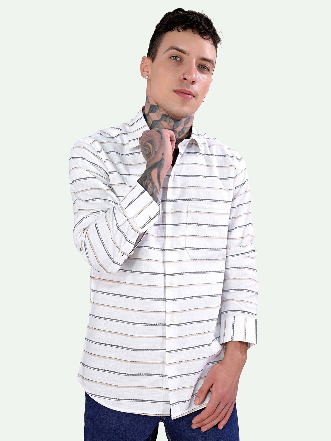 

FRENCH CROWN Standard Horizontal Striped Spread Collar Chest Pocket Cotton Casual Shirt, White