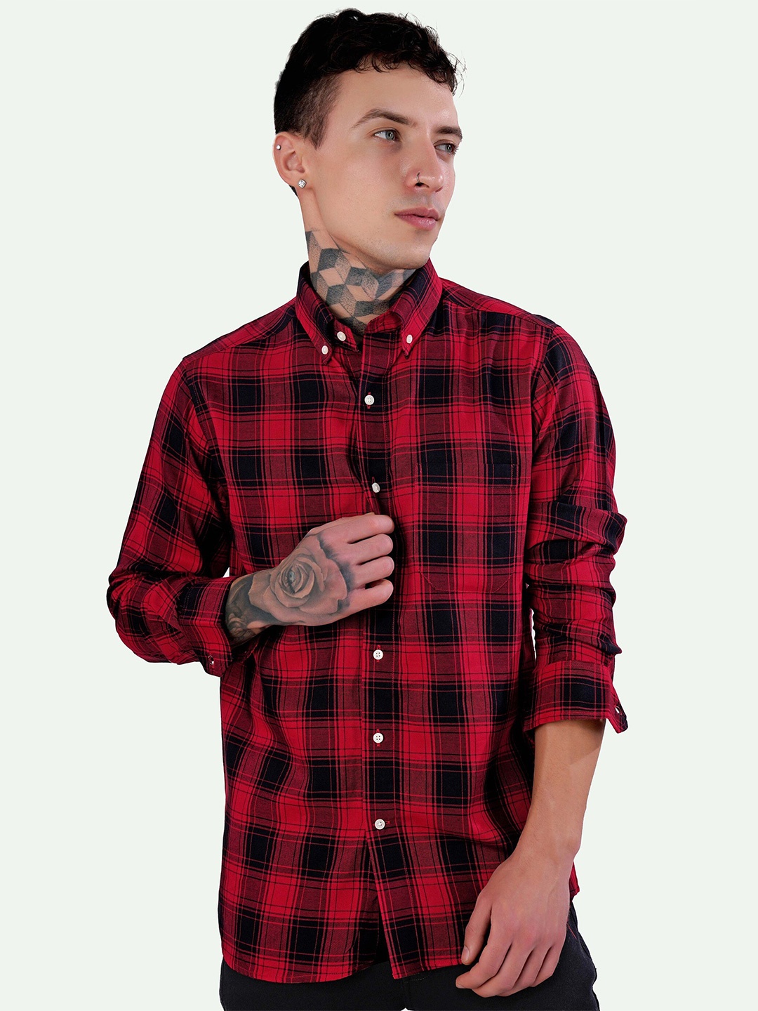 

FRENCH CROWN Standard Buffalo Checks Button-Down Collar Cotton Casual Shirt, Red