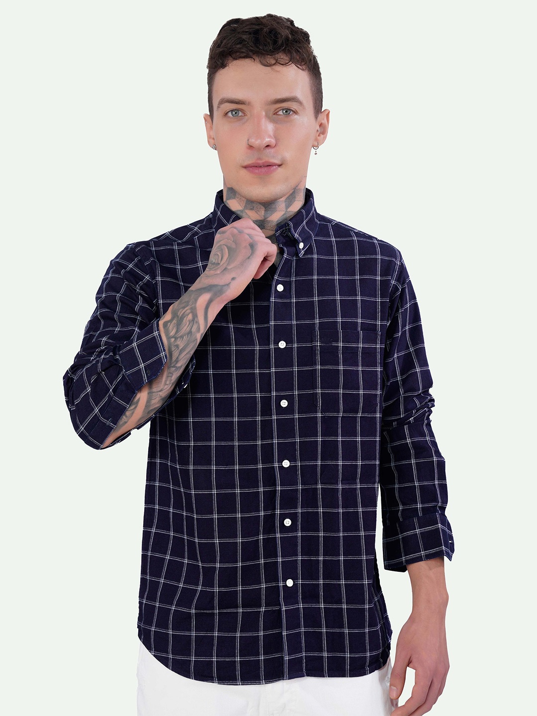 

FRENCH CROWN Standard Windowpane Checked Cotton Casual Shirt, Blue