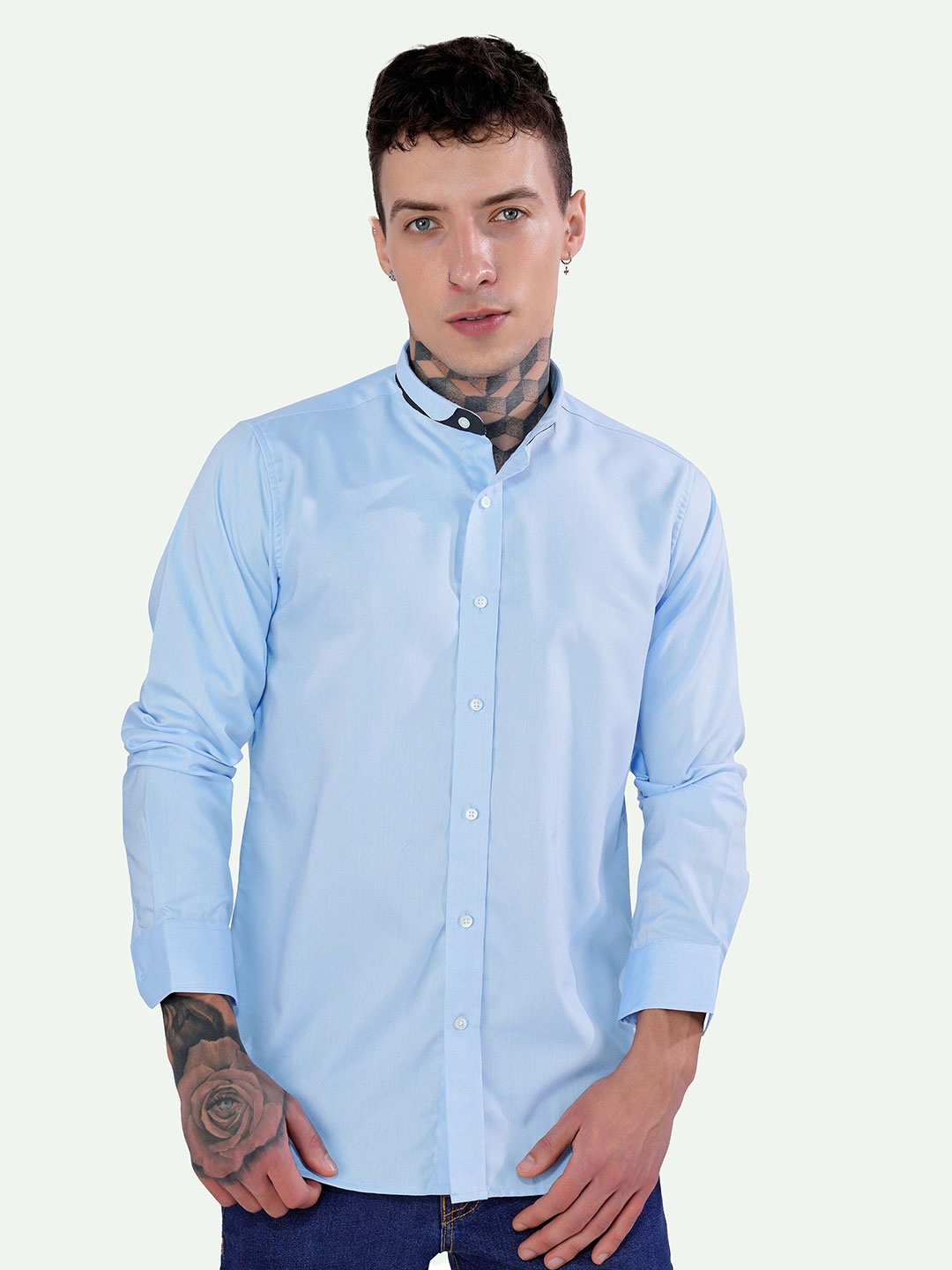 

FRENCH CROWN Standard Spread Collar Cotton Casual Shirt, Blue