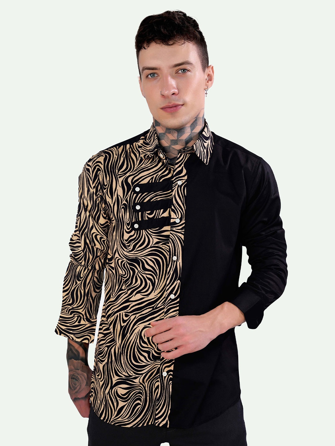 

FRENCH CROWN Standard Abstract Printed Spread Collar Casual Shirt, Brown