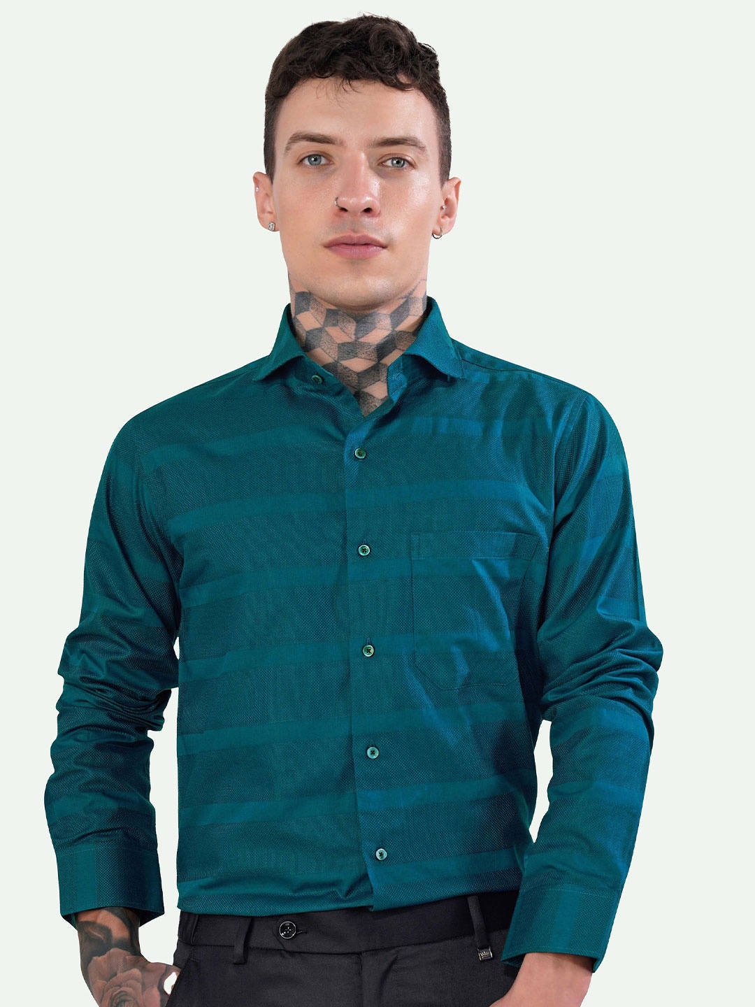 

FRENCH CROWN Horizontal Striped Standard Opaque Regular Fit Cotton Casual Shirt, Blue