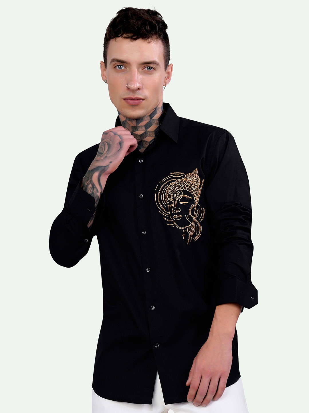 

FRENCH CROWN Standard Graphic Printed Spread Collar Embroidered Cotton Casual Shirt, Black