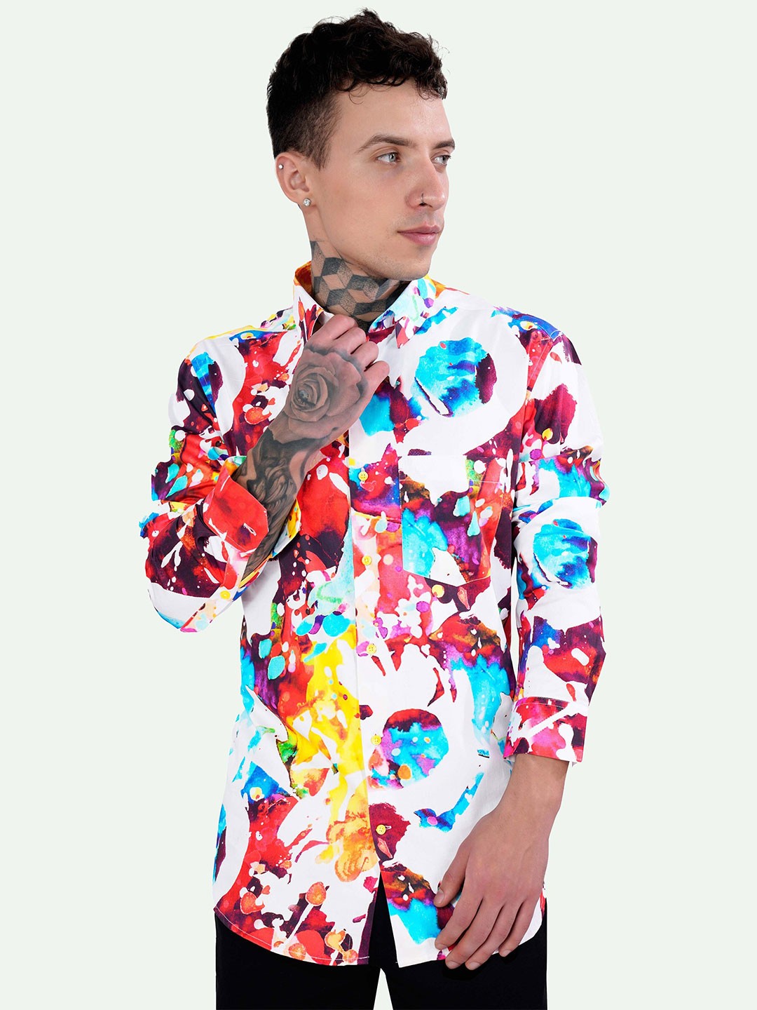 

FRENCH CROWN Standard Abstract Printed Spread Collar Chest Pocket Cotton Casual Shirt, White