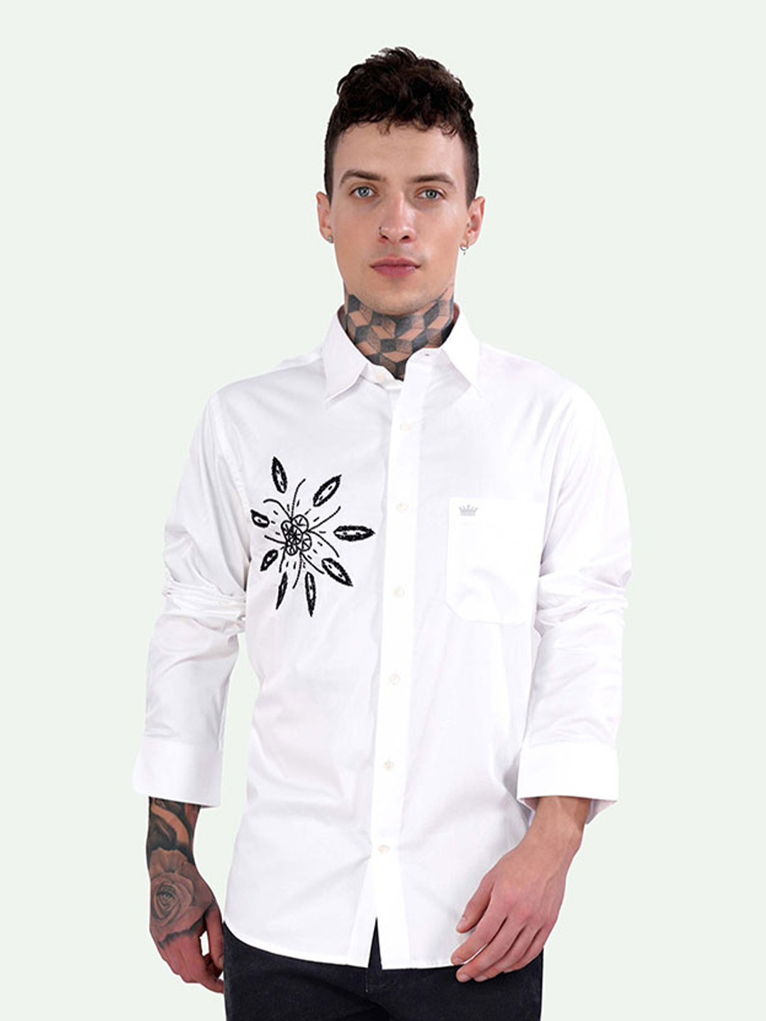 

FRENCH CROWN Standard Floral Embroidered Cotton Casual Shirt, White