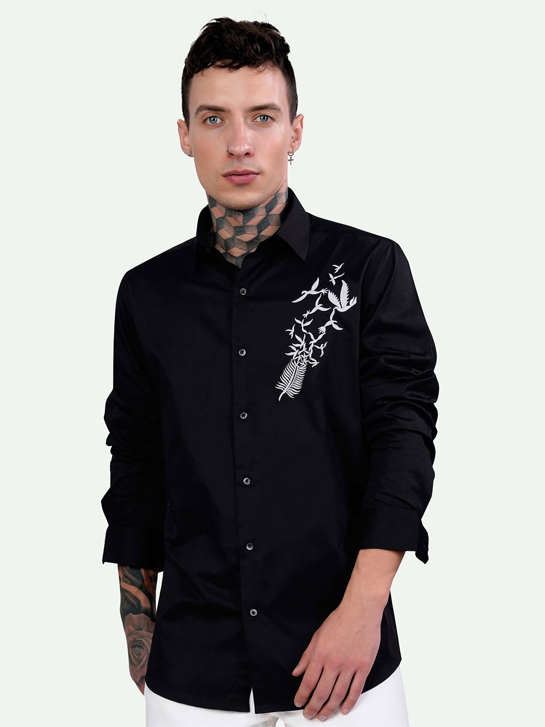 

FRENCH CROWN Standard Embroidered Detail Cotton Casual Shirt, Black