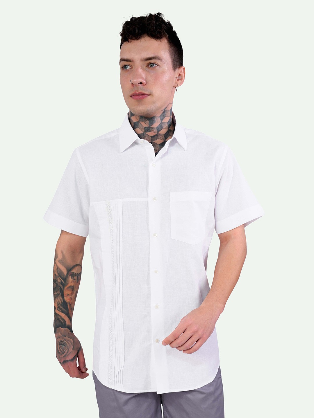 

FRENCH CROWN Standard Spread Collar Linen Casual Shirt, White