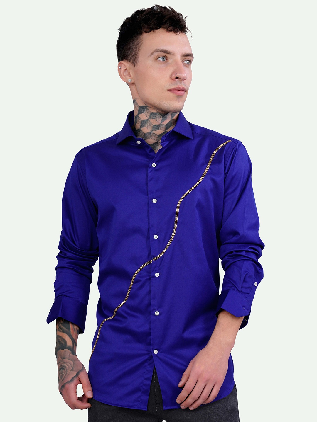 

FRENCH CROWN Standard Embellished Spread Collar Cotton Casual Shirt, Blue