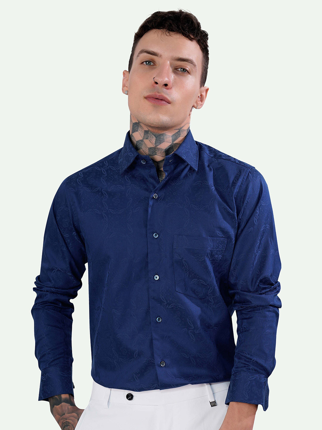 

FRENCH CROWN Standard Textured Cotton Casual Shirt, Blue