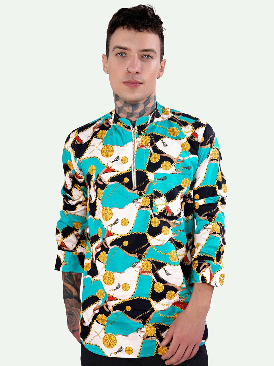 

FRENCH CROWN Abstract Printed Mandarin Collar Cotton Casual Shirt, Blue