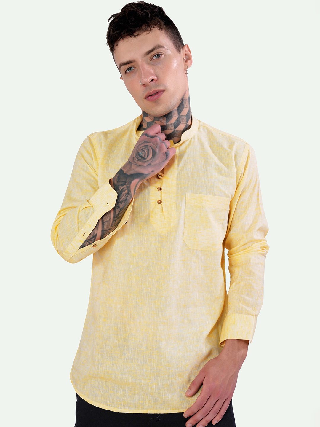 

FRENCH CROWN Standard Mandarin Collar Linen Casual Shirt, Yellow