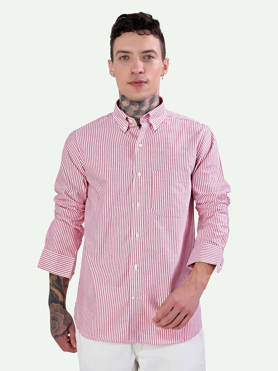 

FRENCH CROWN Standard Vertical Striped Button Down Collar Chest Pocket Cotton Casual Shirt, Pink