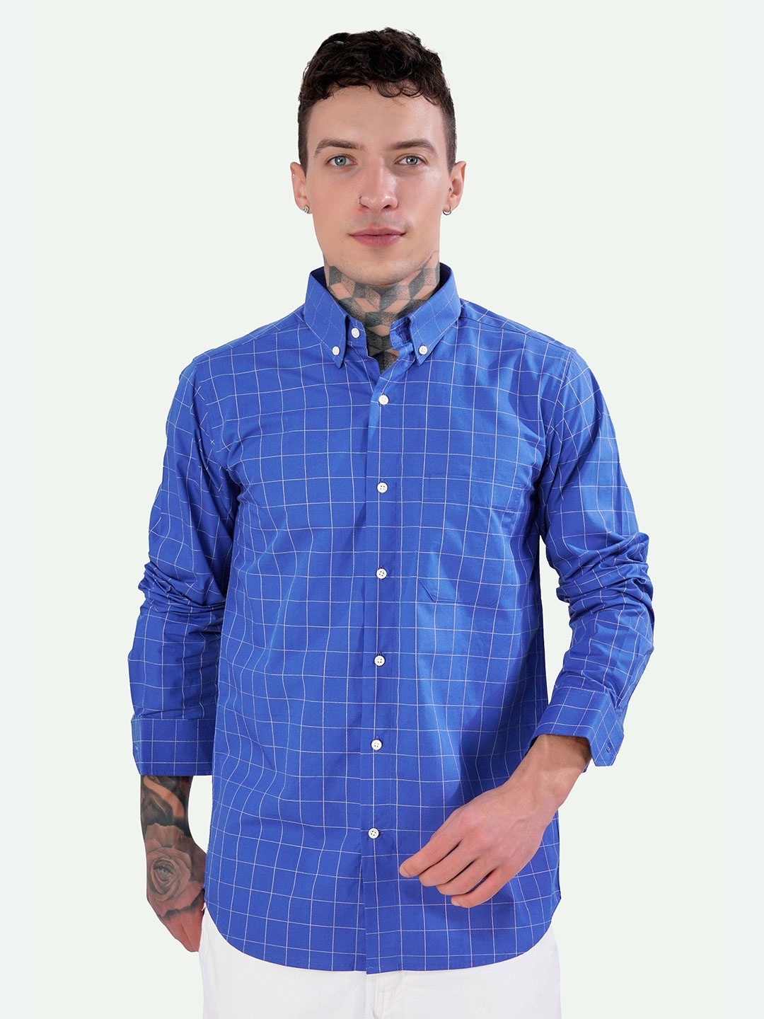 

FRENCH CROWN Grid Tattersall Checked Standard Regular Fit Opaque Cotton Casual Shirt, Blue