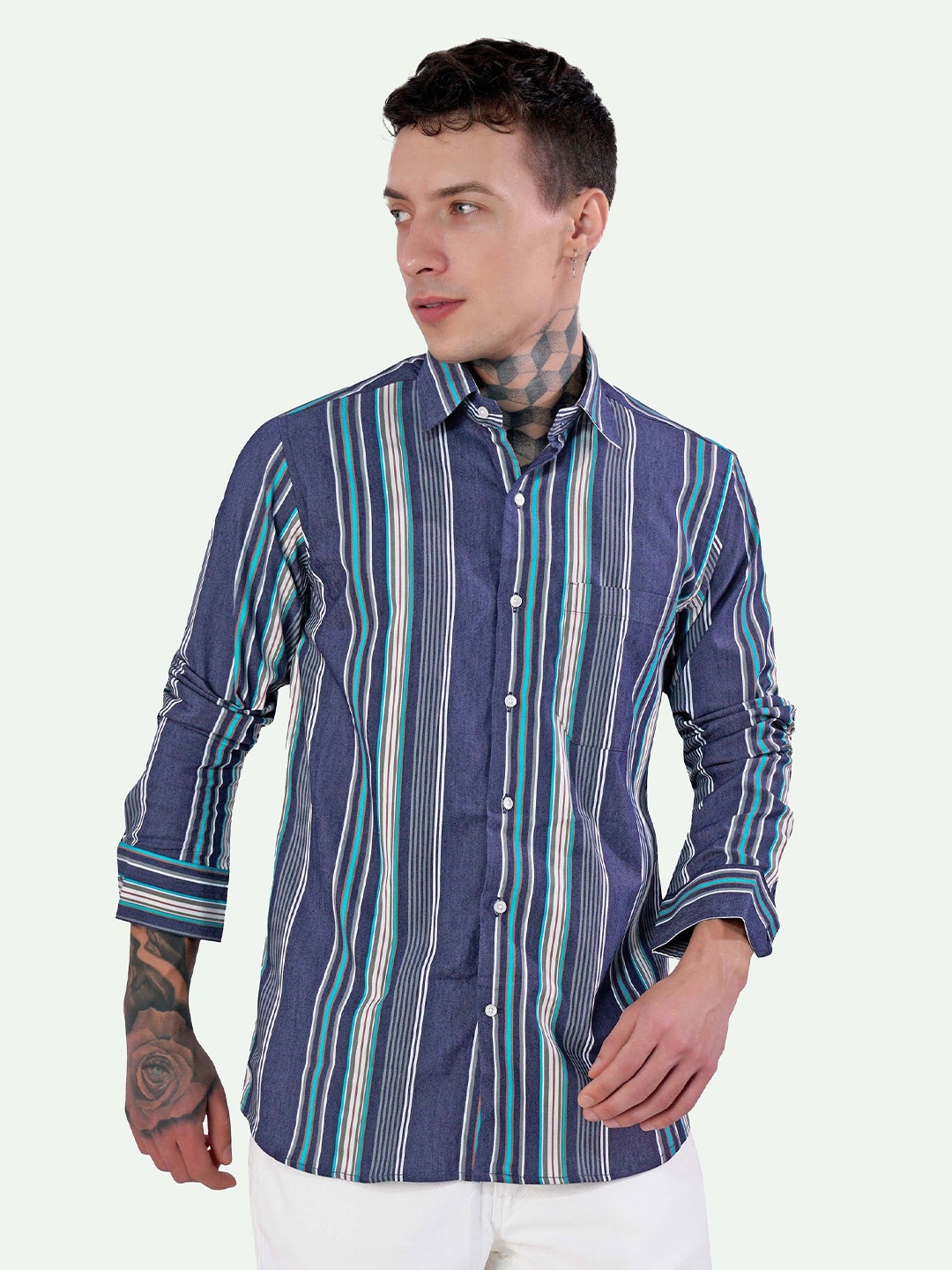 

FRENCH CROWN Standard Vertical Striped Cotton Casual Shirt, Blue