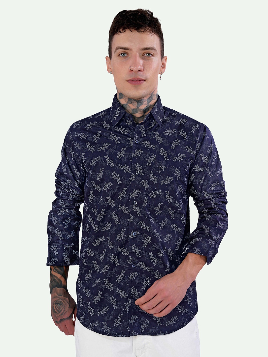 

FRENCH CROWN Standard Floral Printed Casual Giza Cotton Shirt, Blue