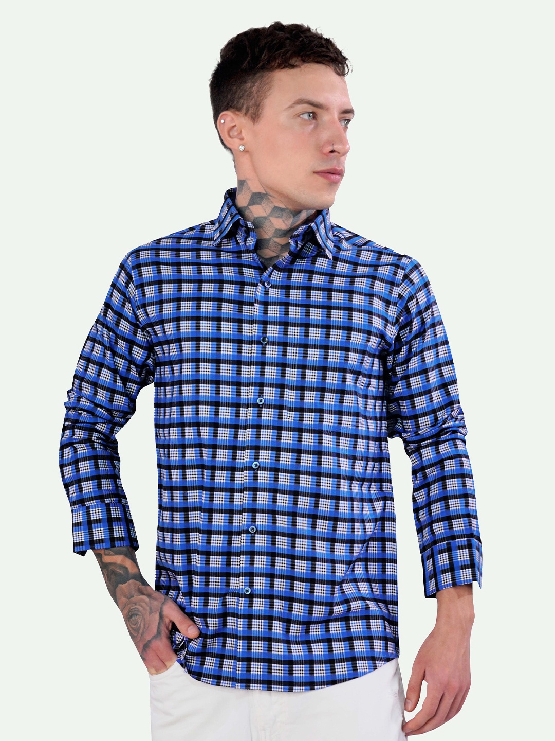 

FRENCH CROWN Standard Opaque Checks-Plaid Premium Cotton Casual Shirt, Blue