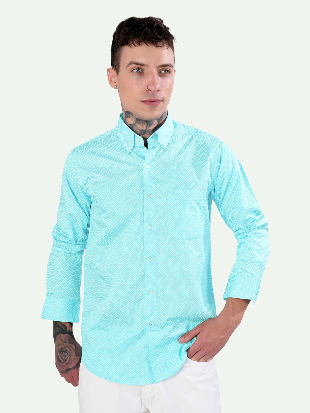 

FRENCH CROWN Standard Geometric Printed Button-Down Collar Cotton Casual Shirt, Blue