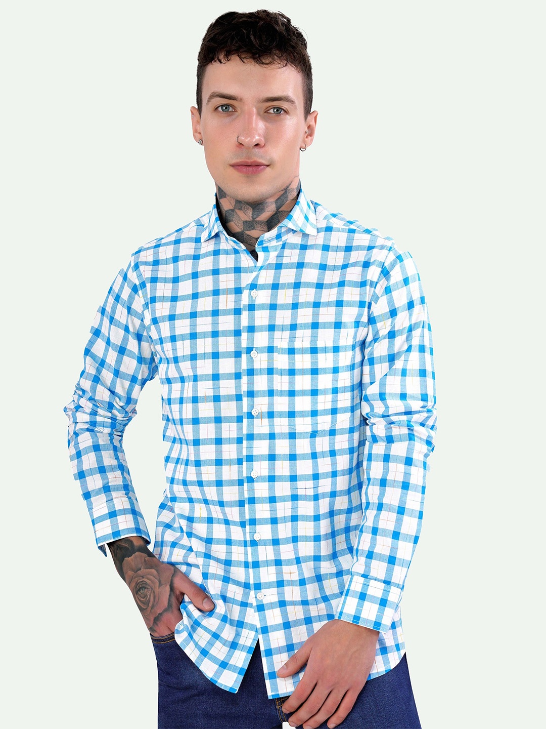 

FRENCH CROWN Standard Gingham Checked Spread Collar Chest Pocket Cotton Casual Shirt, Blue