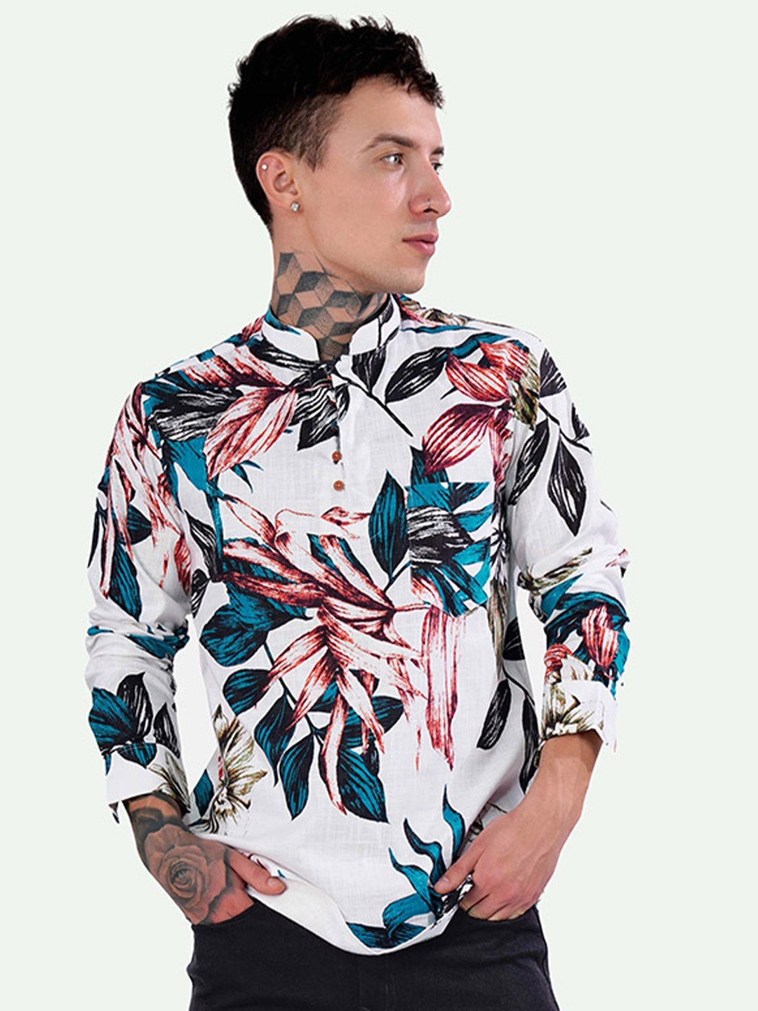 

FRENCH CROWN Standard Floral Printed Mandarin Collar Chest Pocket Cotton Casual Shirt, White