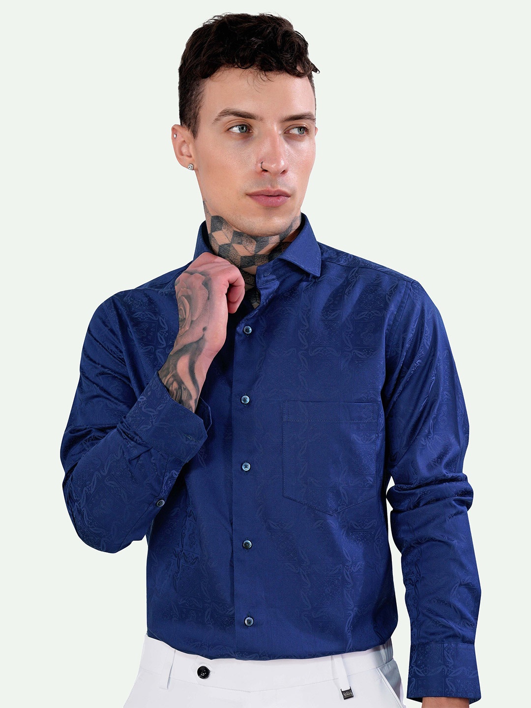 

FRENCH CROWN Standard Ethnic Motifs Self Design Cotton Casual Shirt, Blue