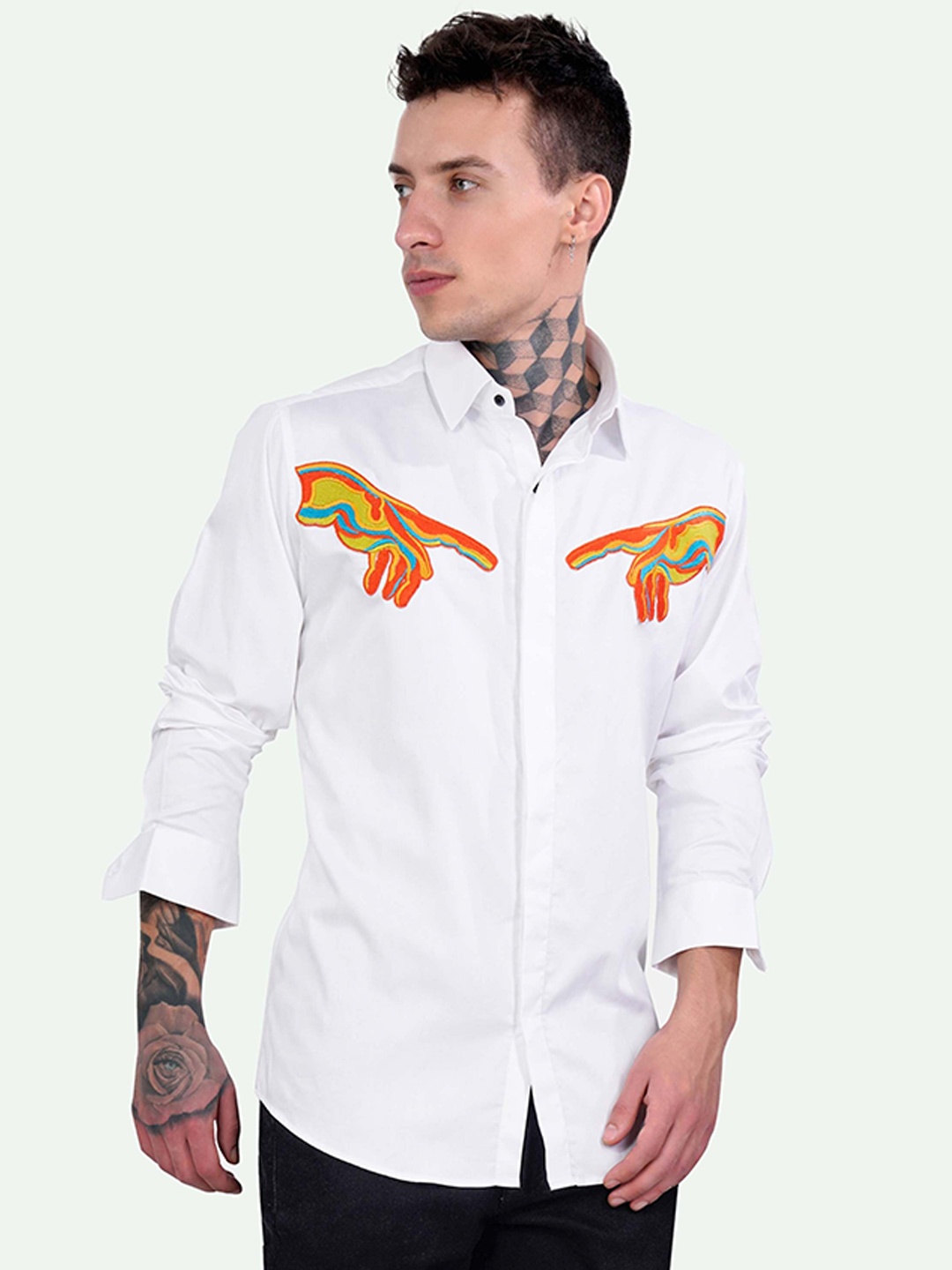 

FRENCH CROWN Standard Applique Cotton Casual Shirt, White