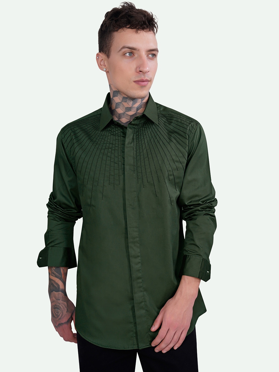 

FRENCH CROWN Spread Collar Standard Textured Casual Cotton Shirt, Green