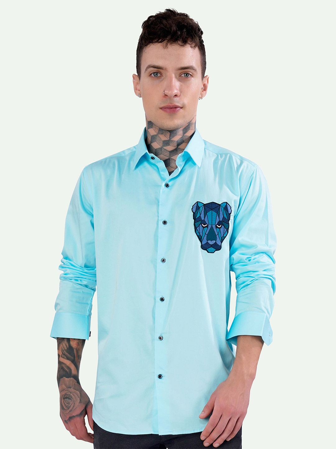 

FRENCH CROWN Standard Embroidered Casual Giza Cotton Shirt, Blue