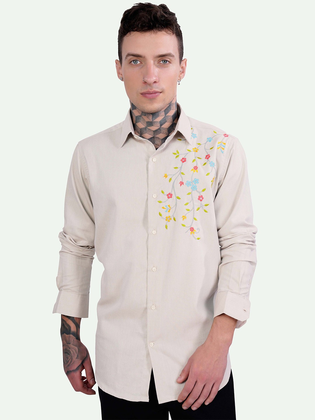 

FRENCH CROWN Standard Embroidered Casual Giza Cotton Shirt, Grey