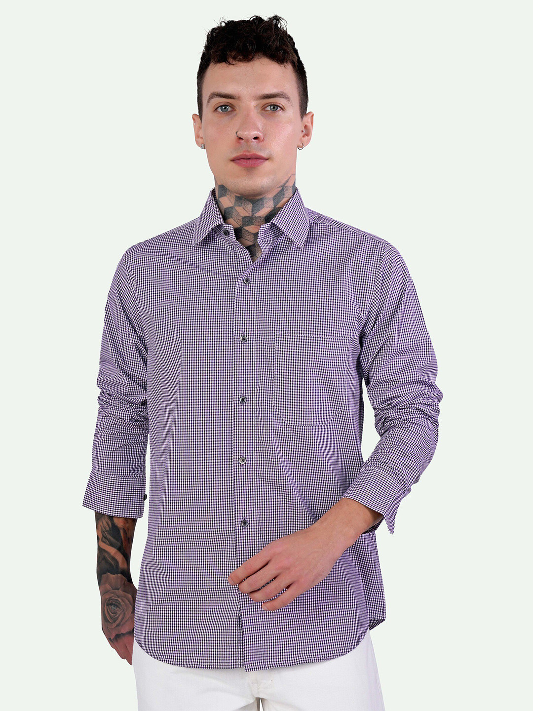 

FRENCH CROWN Standard Micro Checked Spread Collar Pure Cotton Casual Shirt, Purple