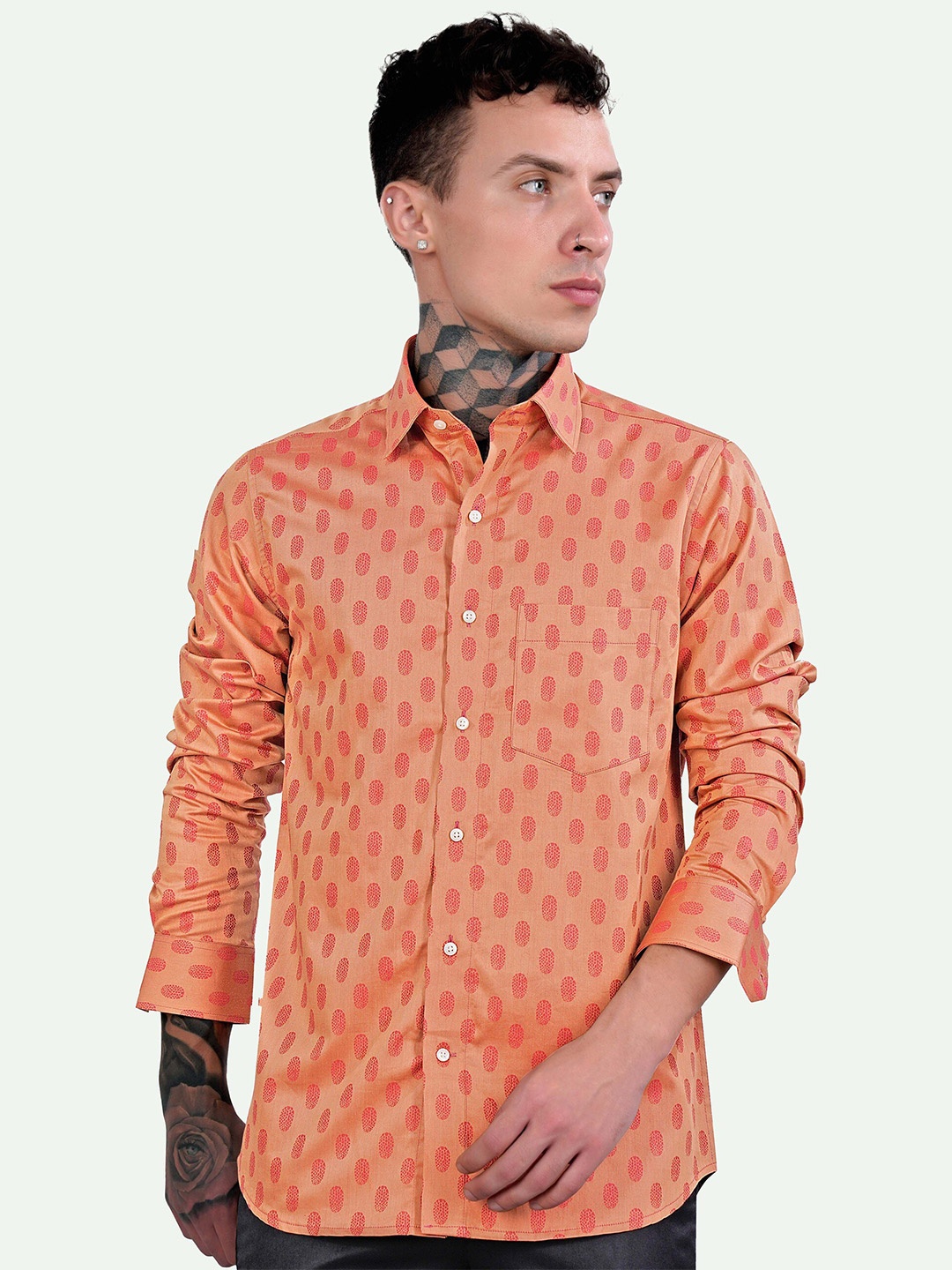 

FRENCH CROWN Standard Geometric Printed Spread Collar Chest Pocket Cotton Casual Shirt, Orange