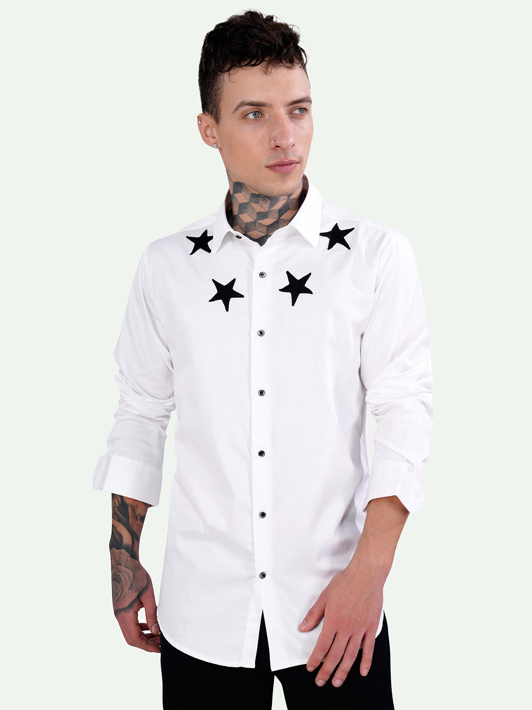 

FRENCH CROWN Standard Geometric Embroidered Spread Collar Pure Cotton Casual Shirt, White