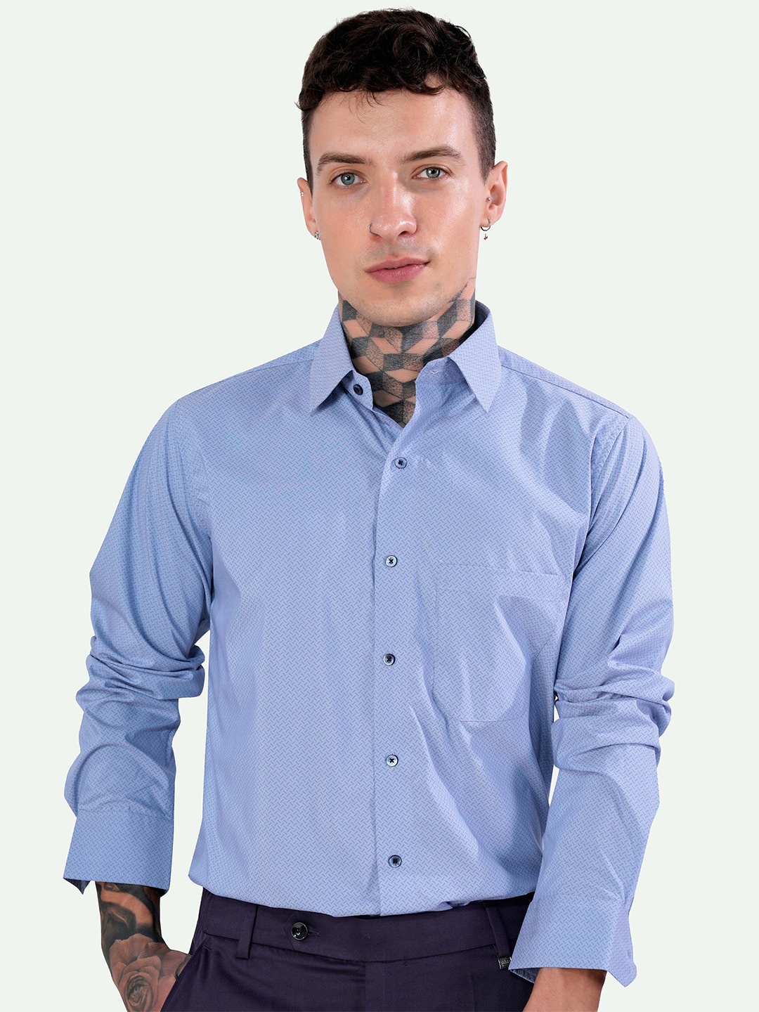 

FRENCH CROWN Standard Micro Disty Printed Formal Giza Cotton Shirt, Blue