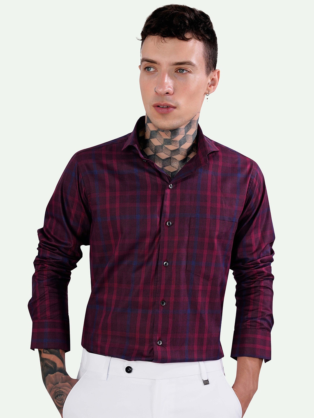 

FRENCH CROWN Standard Tartan Opaque Checked Cotton Formal Shirt, Maroon