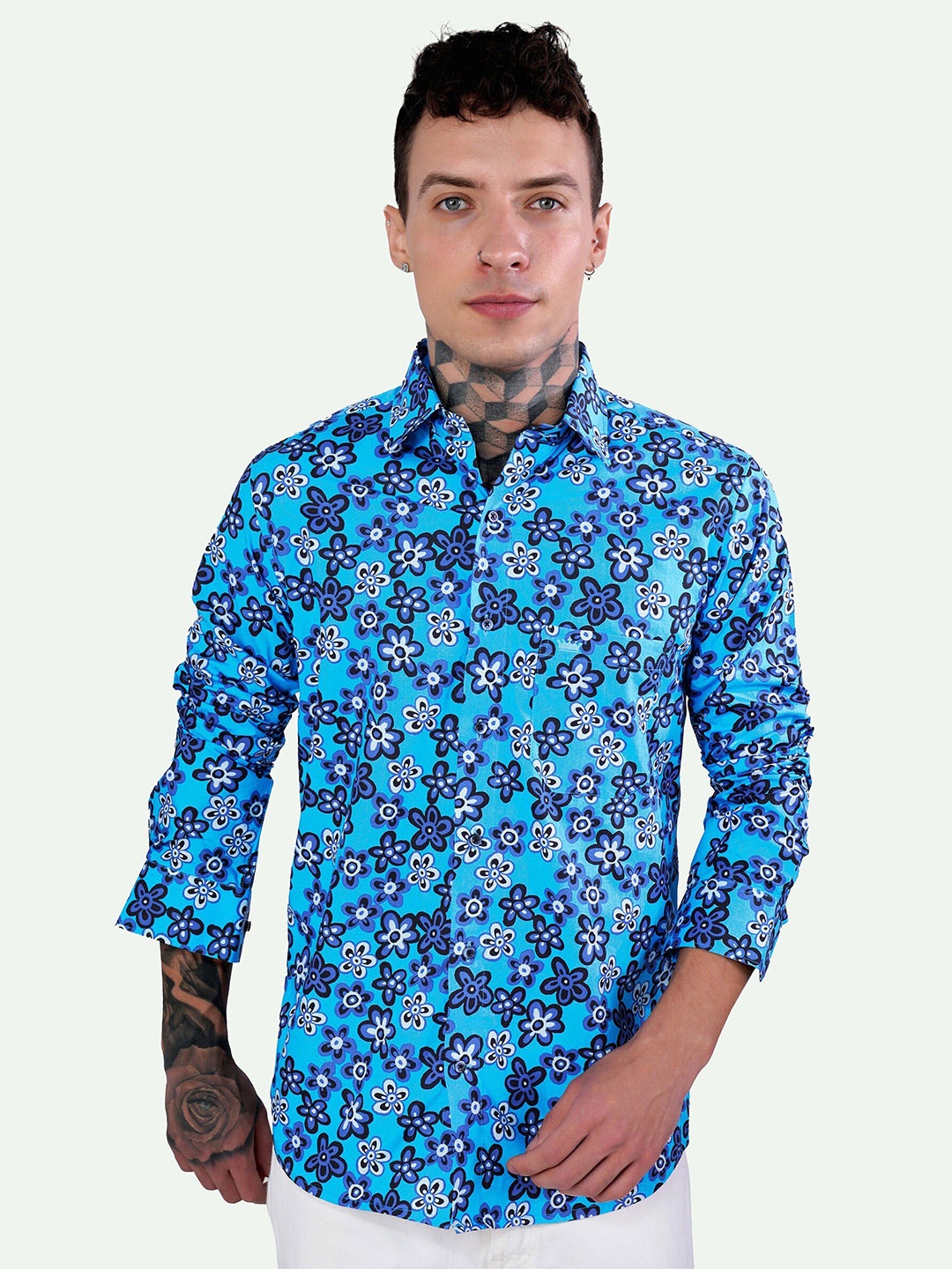 

FRENCH CROWN Standard Floral Printed Spread Collar Chest Pocket Cotton Casual Shirt, Blue