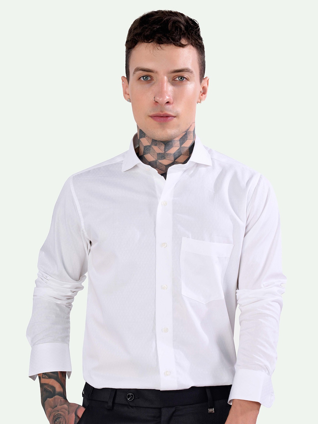 

FRENCH CROWN Textured Spread Collar Standard Casual Pure Cotton Shirt, White