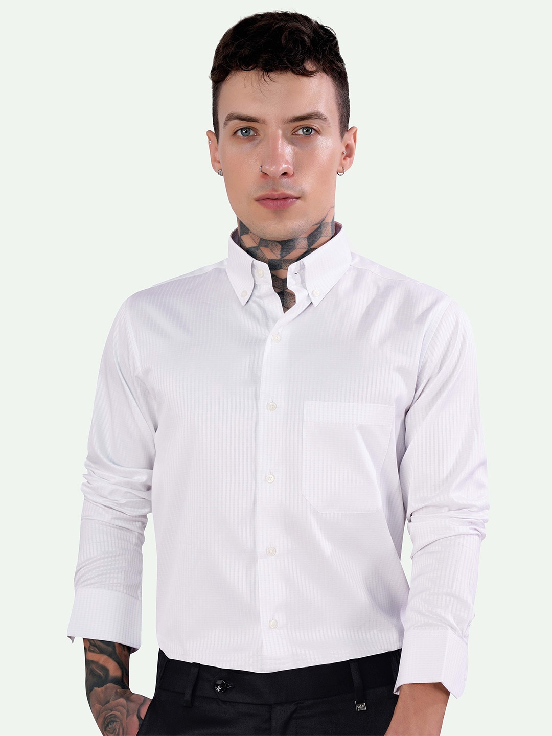 

FRENCH CROWN Spread Collar Button-Down Standard Striped Casual Cotton Shirt, White