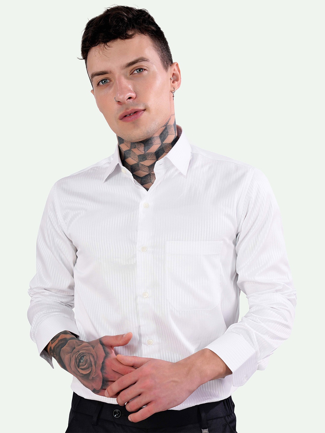 

FRENCH CROWN Standard Striped Formal Giza Cotton Shirt, White