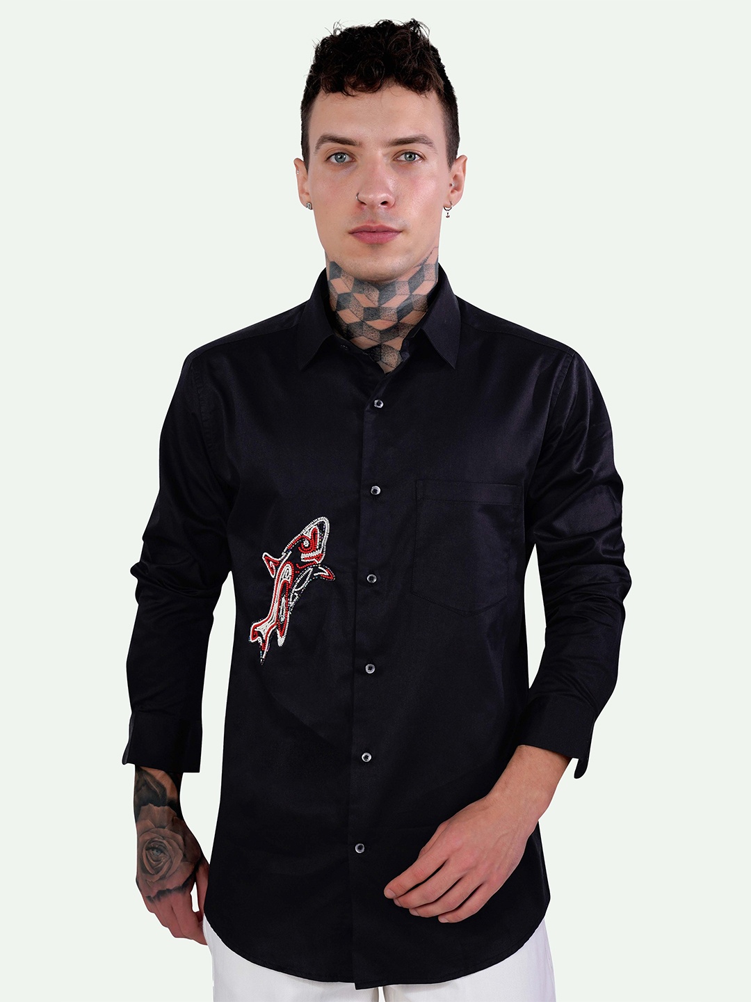 

FRENCH CROWN Standard Spread Collar Embellished & Chest Pocket Cotton Casual Shirt, Black