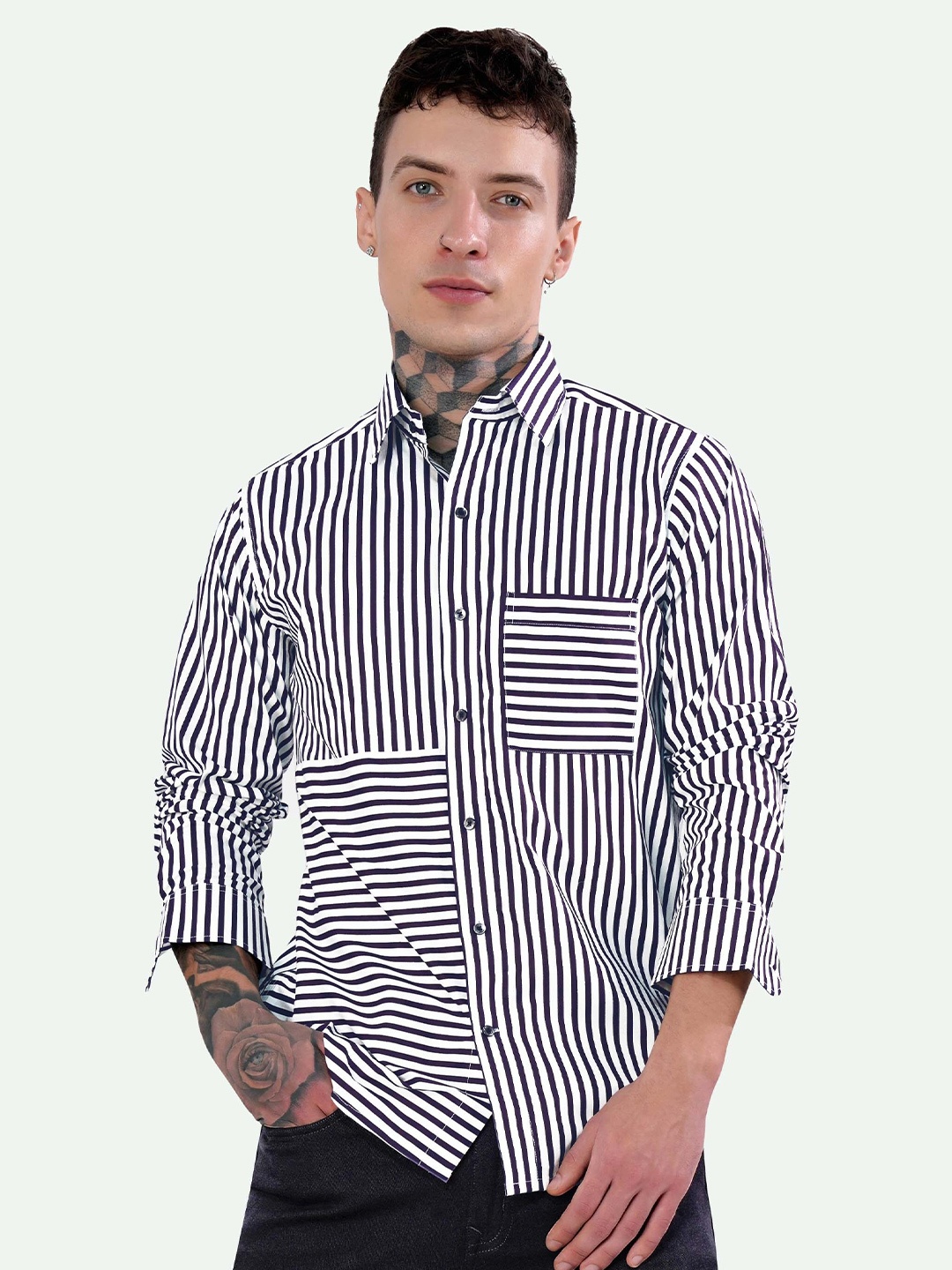 

FRENCH CROWN Standard Vertical Striped Casual Giza Cotton Shirt, Blue