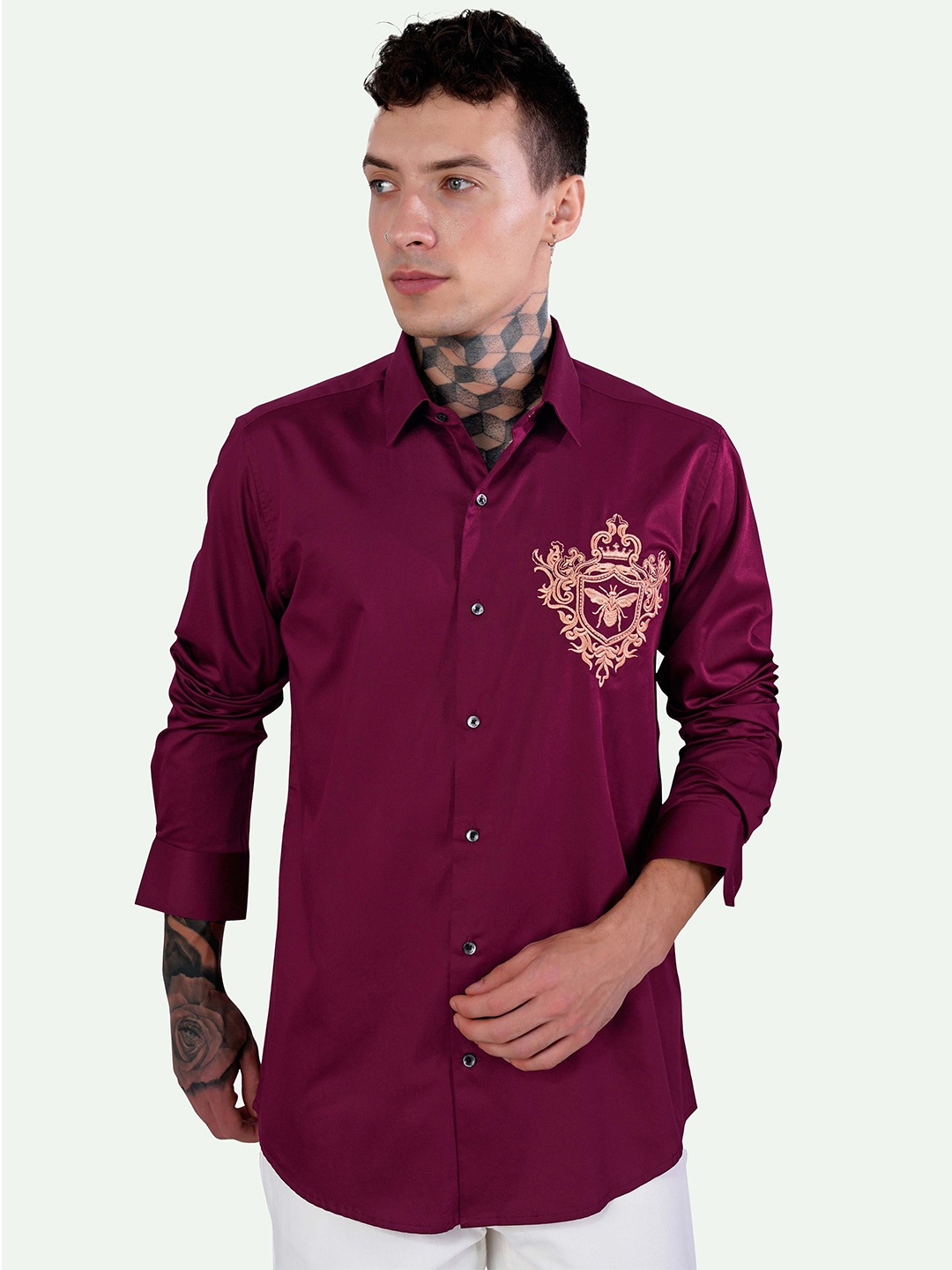 

FRENCH CROWN Embroidered Standard Regular Fit Opaque Cotton Casual Shirt, Maroon