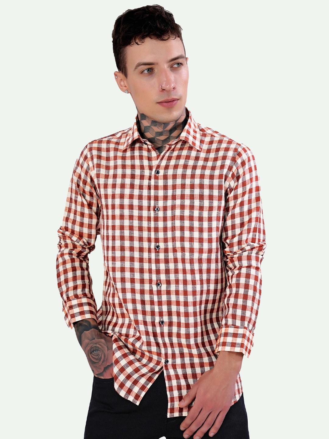 

FRENCH CROWN Standard Gingham Checked Spread Collar Chest Pocket Linen Casual Shirt, Red