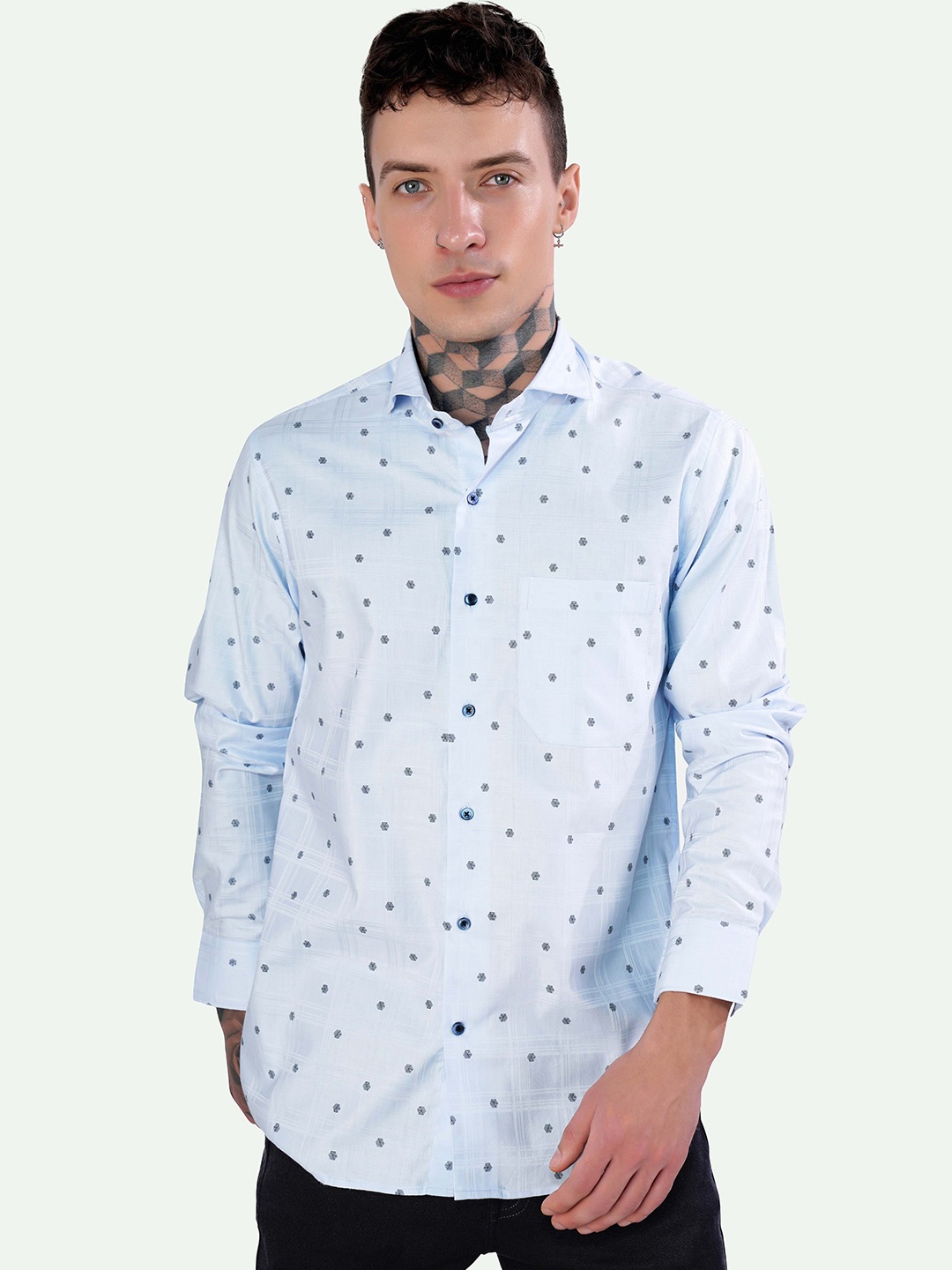

FRENCH CROWN Standard Polka Dot Printed Spread Collar Cotton Casual Shirt, Blue