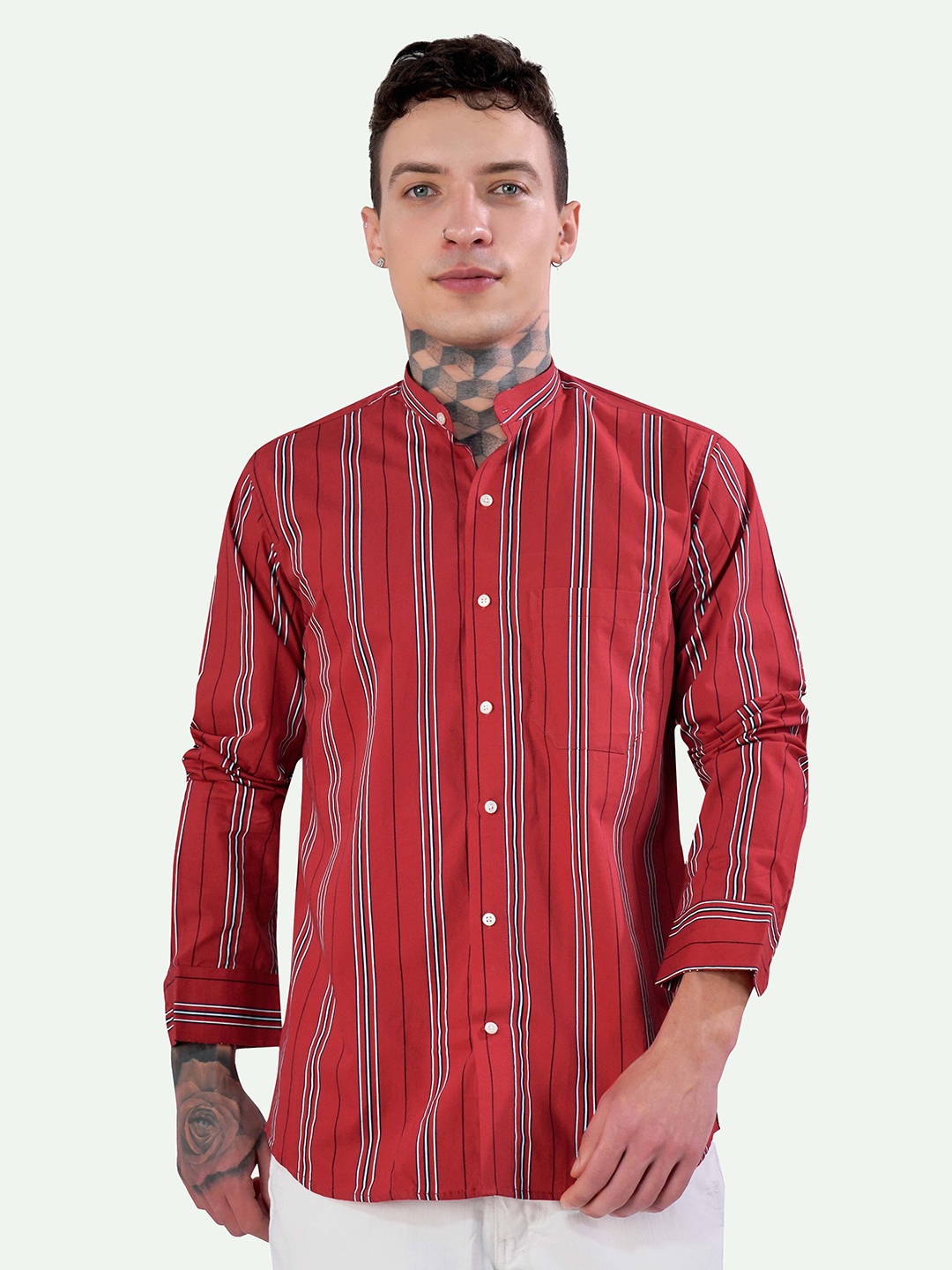 

FRENCH CROWN Band Collar Striped Standard Casual Cotton Shirt, Red