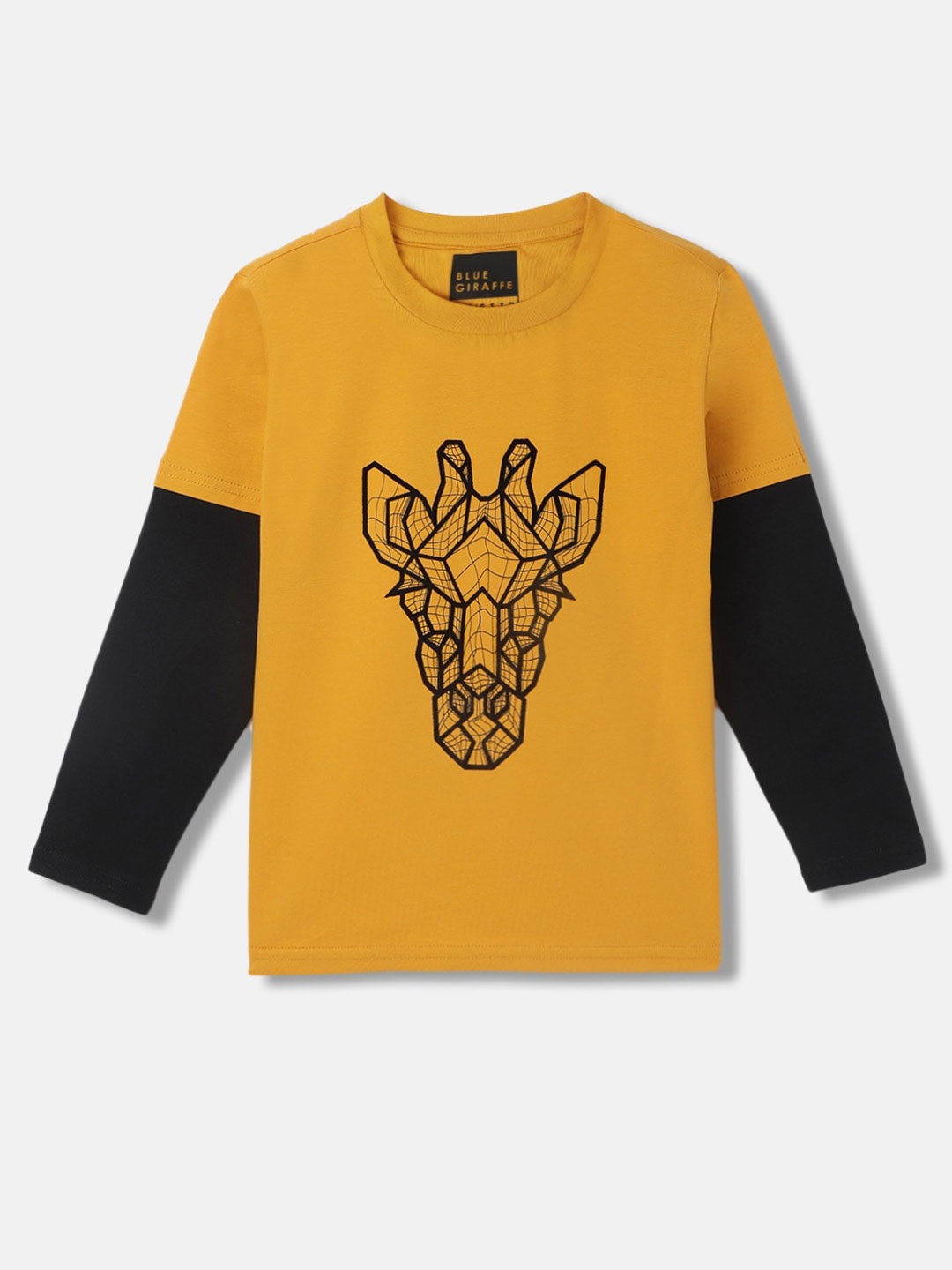 Blue Giraffe Boys Graphic Printed Round Neck Casual T-shirt, Yellow