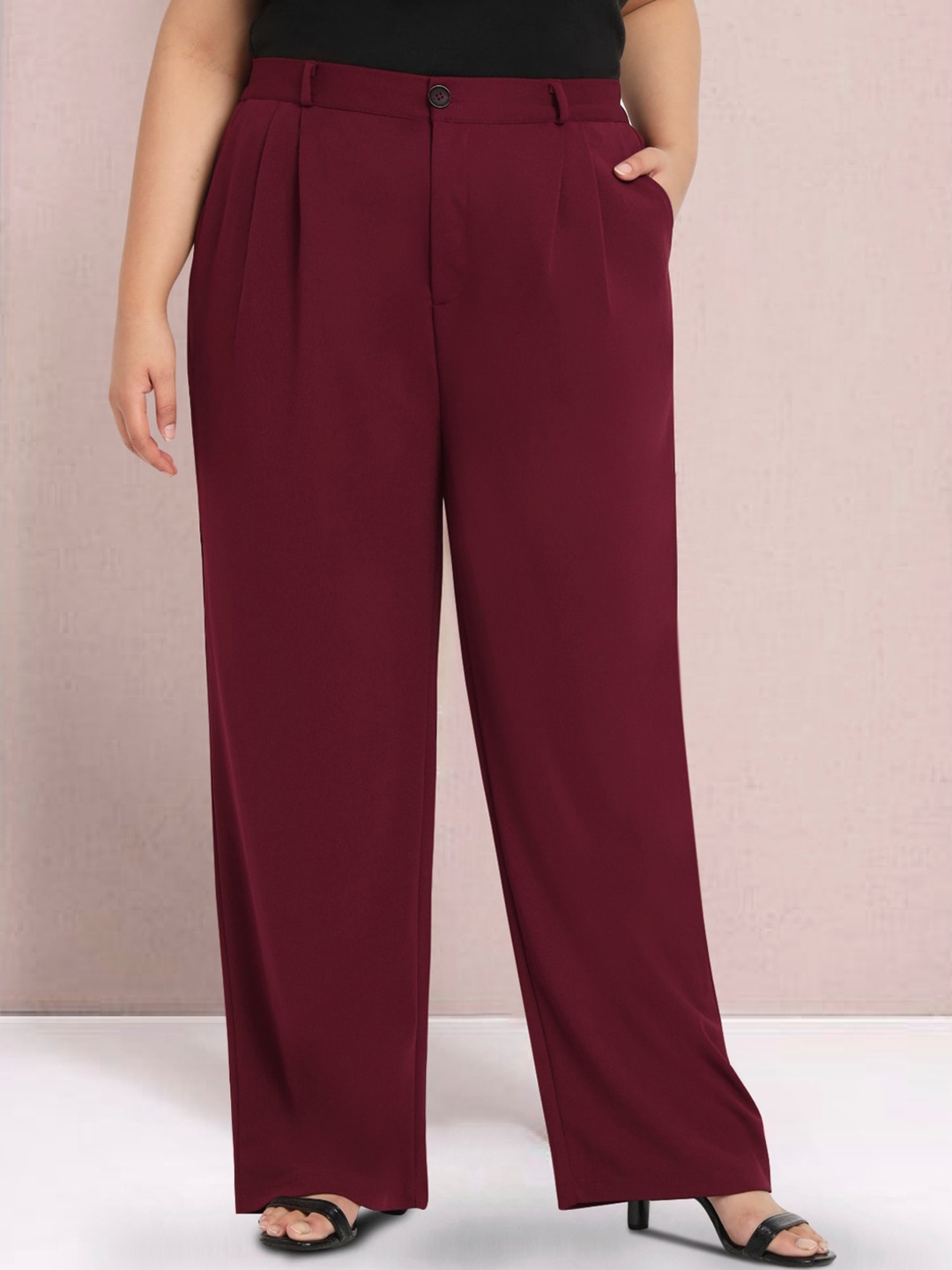 

wild U Women Relaxed Straight Fit High-Rise Pleated Parallel Trousers, Maroon